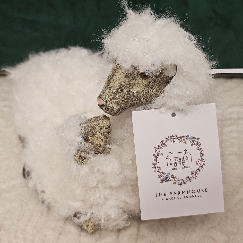 Furry Sheep with Lamb Figurines by the Farmhouse by Rachel Ashwell
